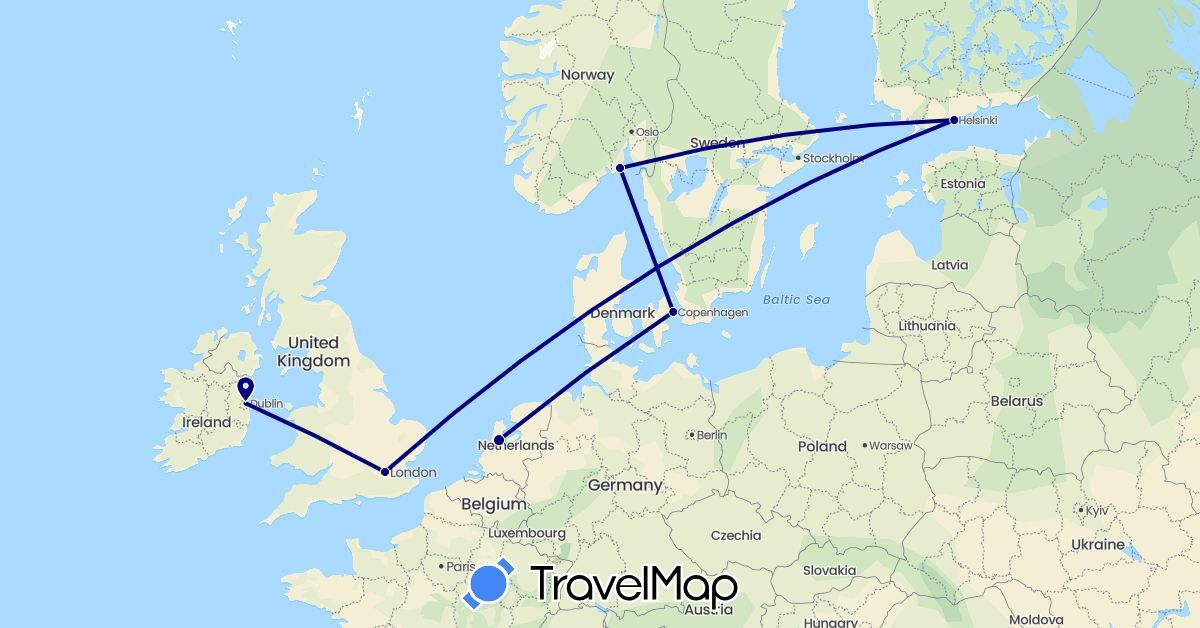 TravelMap itinerary: driving in Denmark, Finland, United Kingdom, Ireland, Netherlands, Norway (Europe)